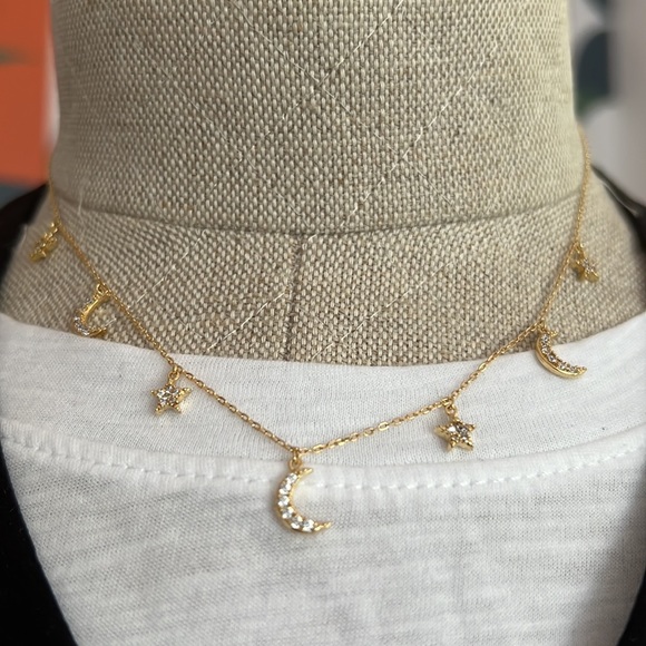 NEW Dainty Gold Collar Necklace With Pave Moon and Star Charms - Picture 3 of 4